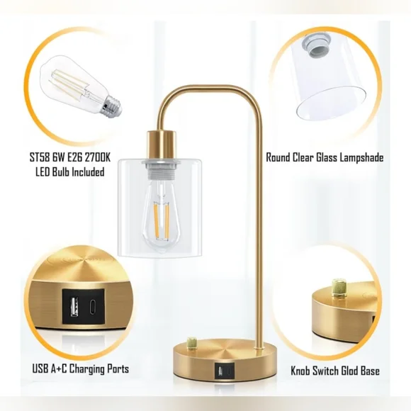 Gold Industrial 3-Way Dimmable Touch Control Table Lamps w/ USB Ports (Set of 2) - Picture 4 of 7